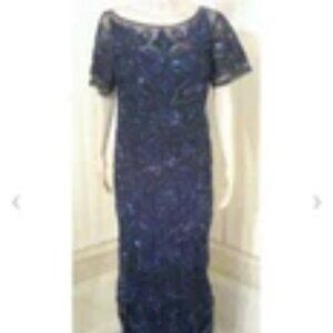 NEW JS Collections Sheer Overlay Beaded & Embroidered Classic Navy Gown Sz 12